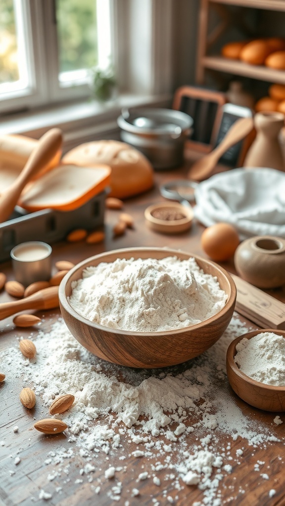 A bowl of Mystic Flour on a wooden table with baking tools and freshly baked bread.